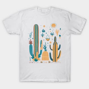 Bohemian Style Floral Cactuses - Minimal Design T-Shirt